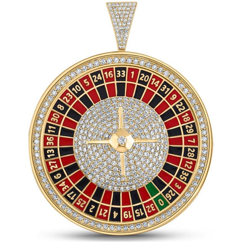 10K Yellow Gold Round Diamond Roulette Casino Charm Pendant with 5 Carat Total Diamond Weight