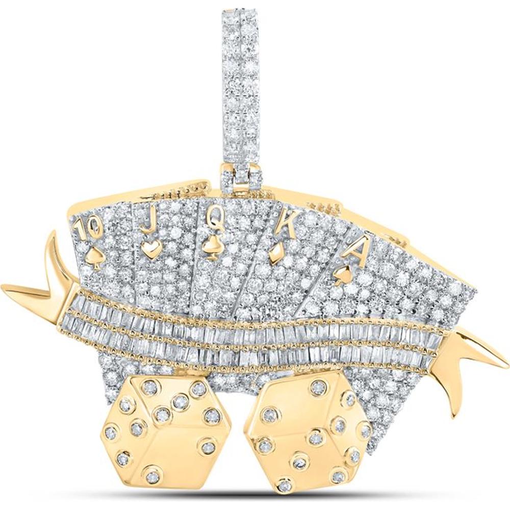 10K Yellow Gold Round Diamond Royal Flush Card Dice Charm Pendant - 2.5 Carat Total Diamond Weight
