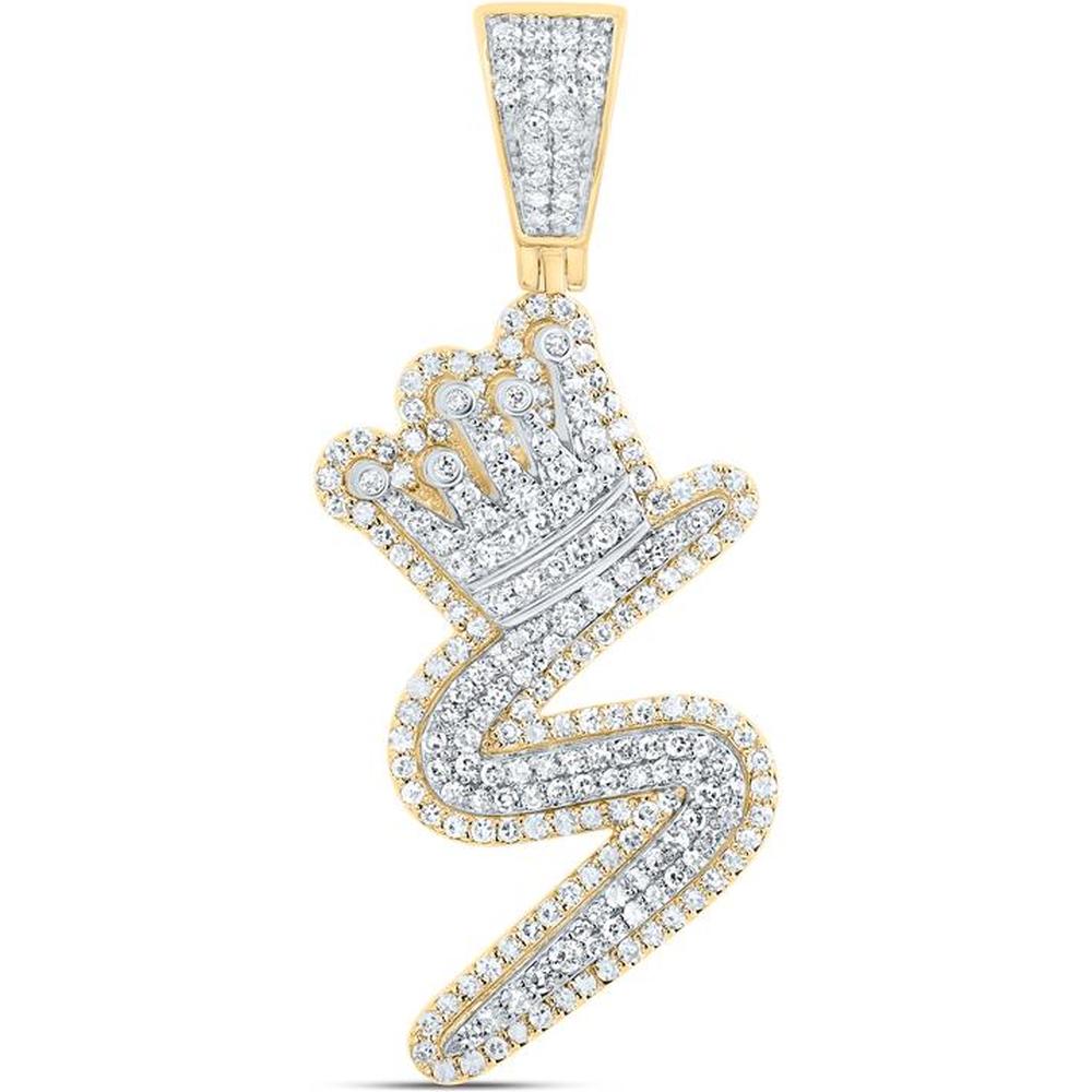 10K Yellow Gold Round Diamond S Crown Letter Charm Pendant - 1.05 Carat Total Diamond Weight