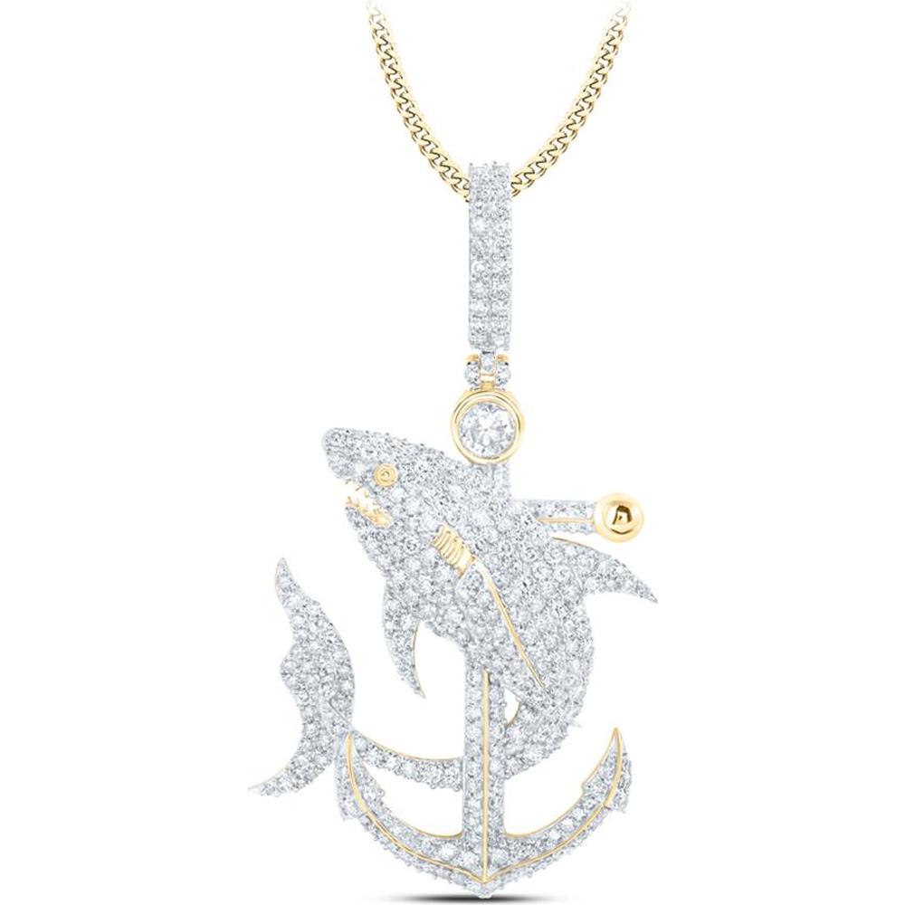 10K Yellow Gold Round Diamond Shark Anchor Pendant - 3.25 Carat Total Diamond Weight