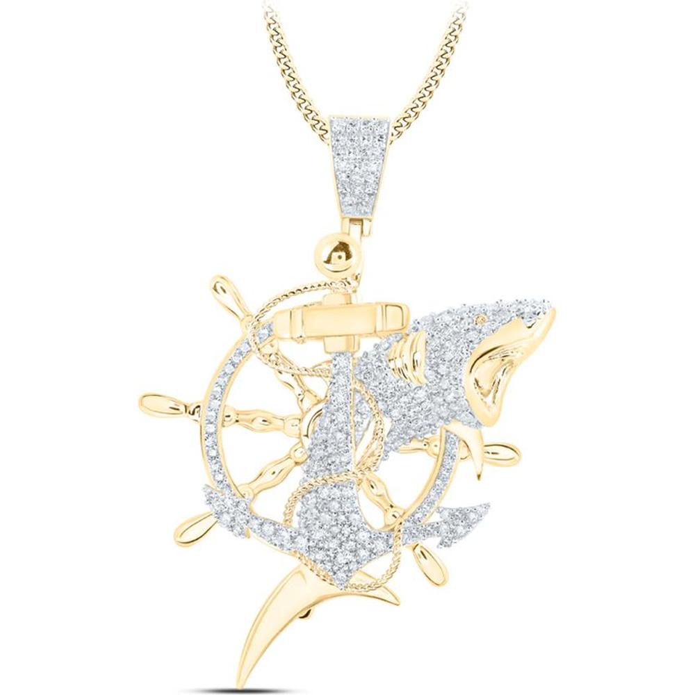 10K Yellow Gold Round Diamond Shark Nautical Wheel Pendant - 2.09 Carat Total Diamond Weight