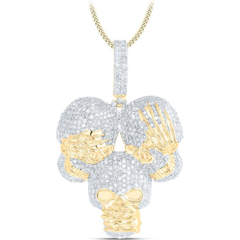 10K Yellow Gold Round Diamond Skull Charm Pendant - 2.71 Carat Total Diamond Weight