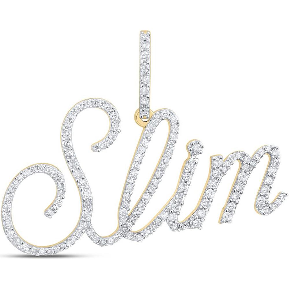 10K Yellow Gold Round Diamond Slim Name Charm Pendant - 0.72 Carat Total Diamond Weight