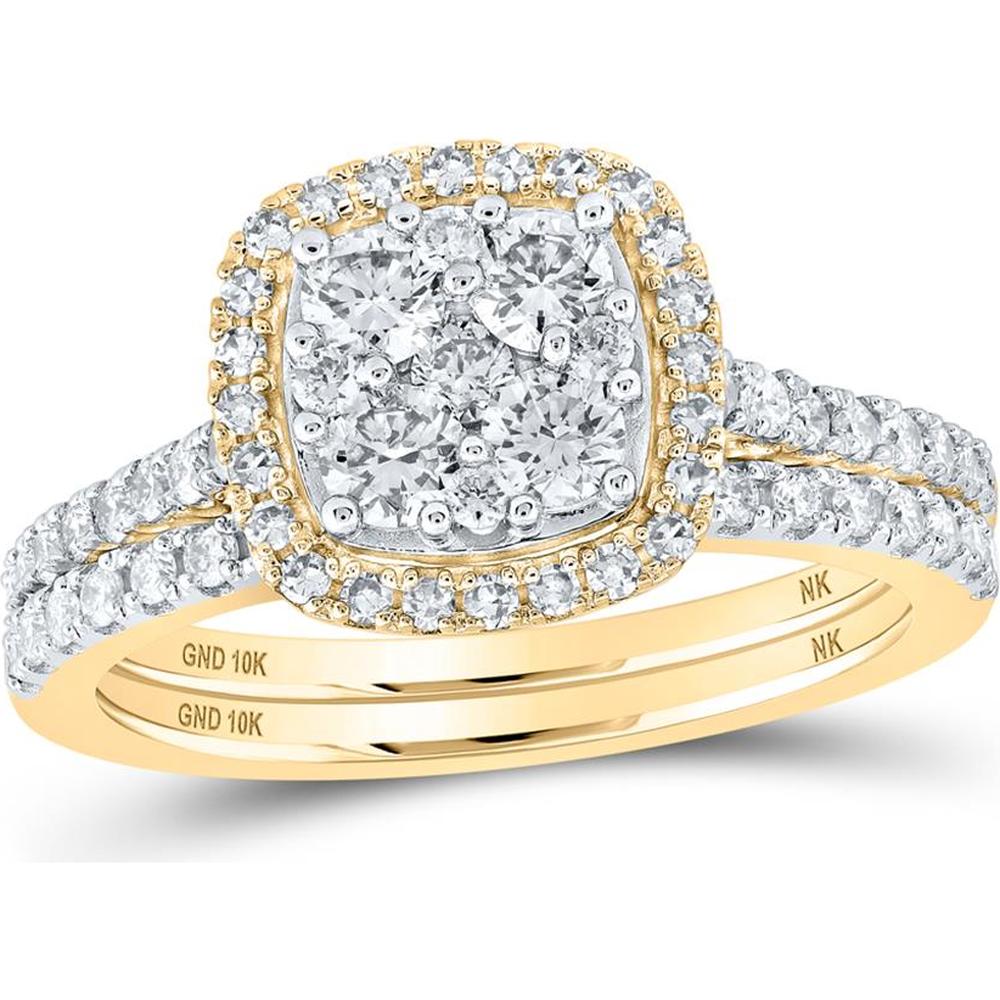 10K Yellow Gold Round Diamond Square Bridal Wedding Ring Set - 1.06 Carat Total Diamond Weight
