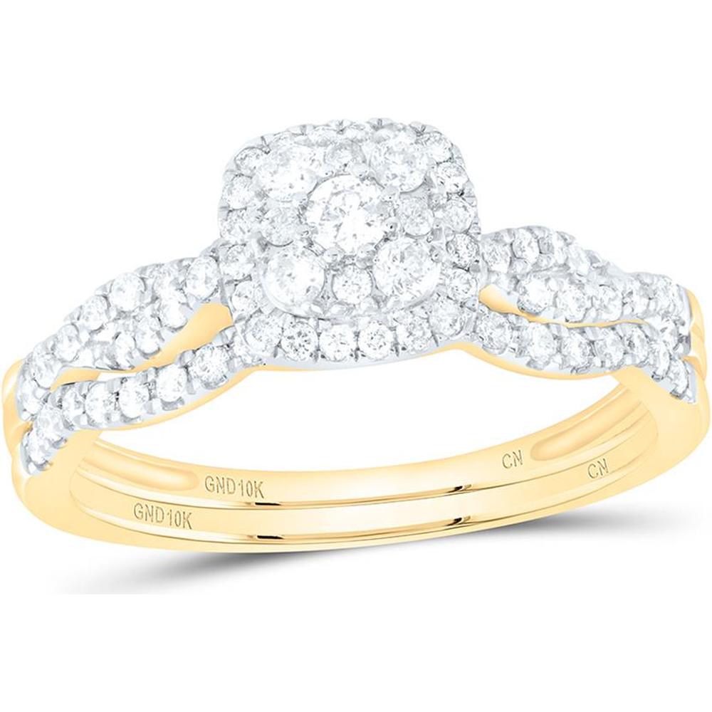 10K Yellow Gold Round Diamond Square Bridal Wedding Ring Set - 1/2 Carat Total Diamond Weight