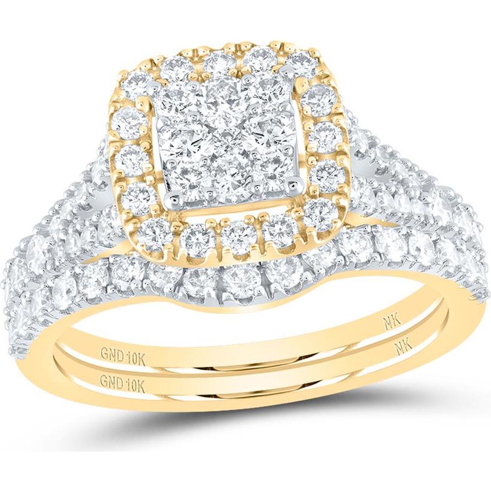 10K Yellow Gold Round Diamond Square Bridal Wedding Ring Set - 1.25 Carat Total Diamond Weight