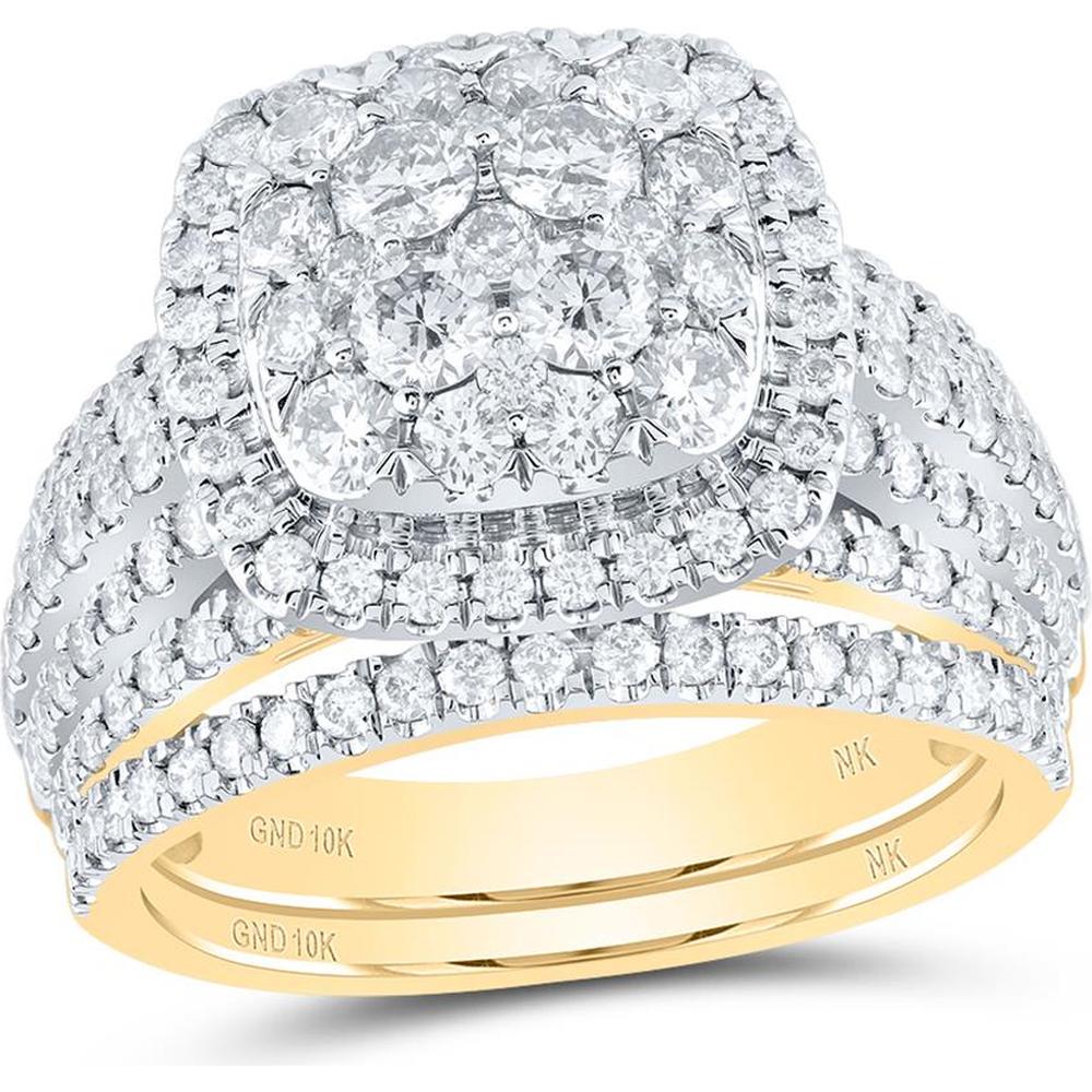 10K Yellow Gold Round Diamond Square Bridal Wedding Ring Set with 2.05 Carat Total Diamond Weight