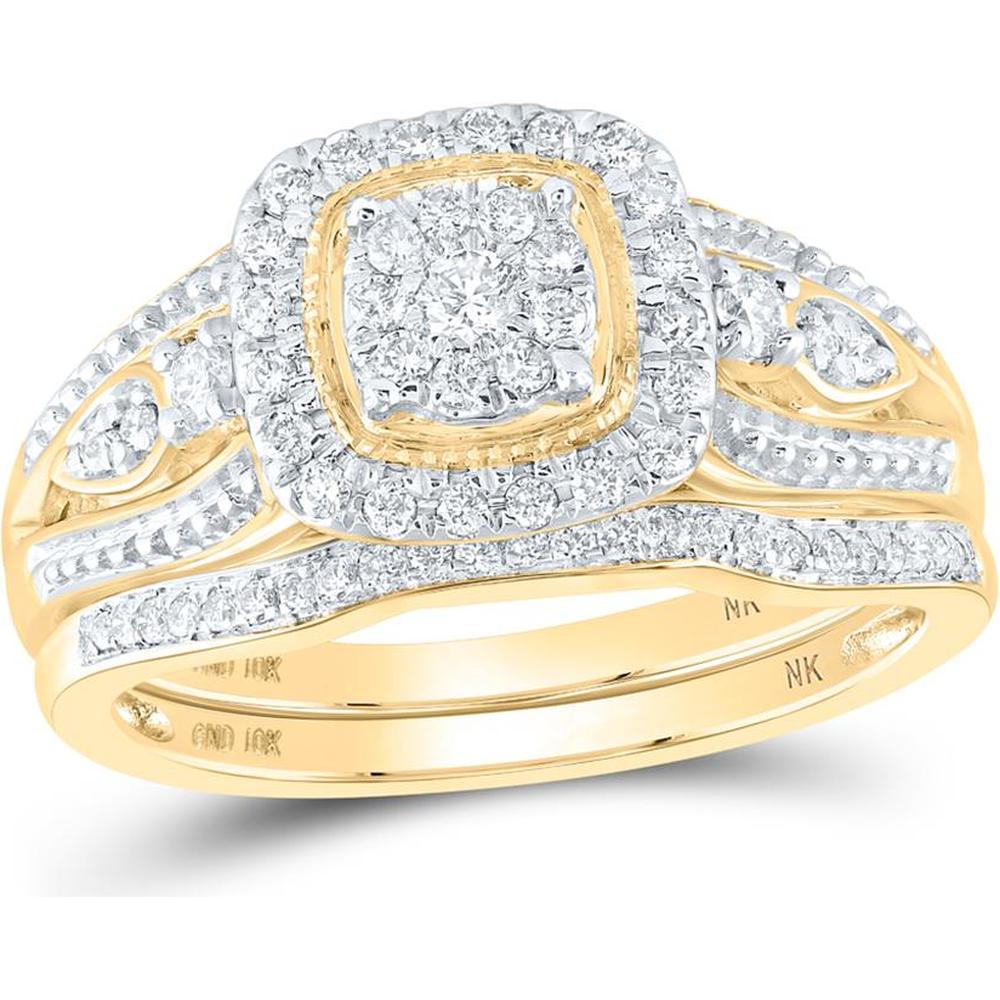 10K Yellow Gold Round Diamond Square Cluster Bridal Wedding Ring Set - 3/8 Carat Total Diamond Weight