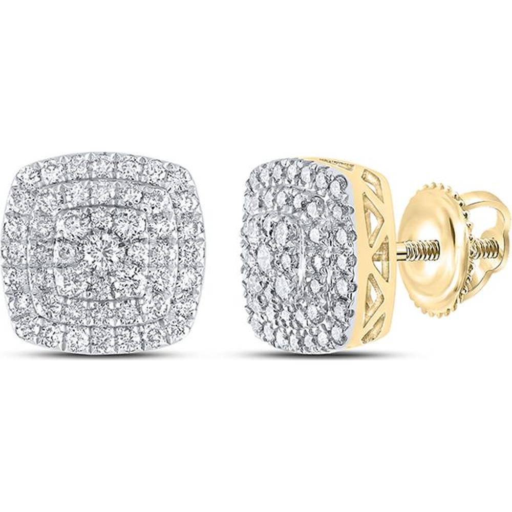 10K Yellow Gold Round Diamond Square Earrings - 1 Carat Total Diamond Weight
