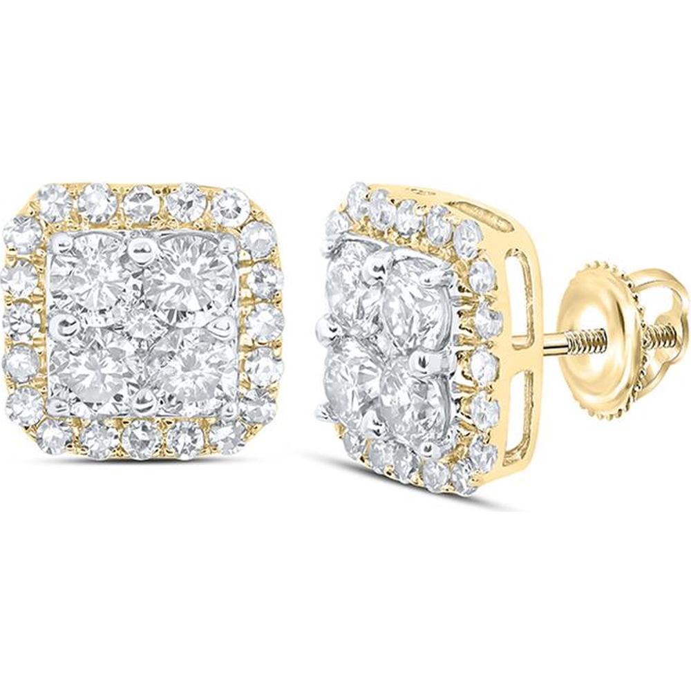 10K Yellow Gold Round Diamond Square Earrings - 1 Carat Total Diamond Weight