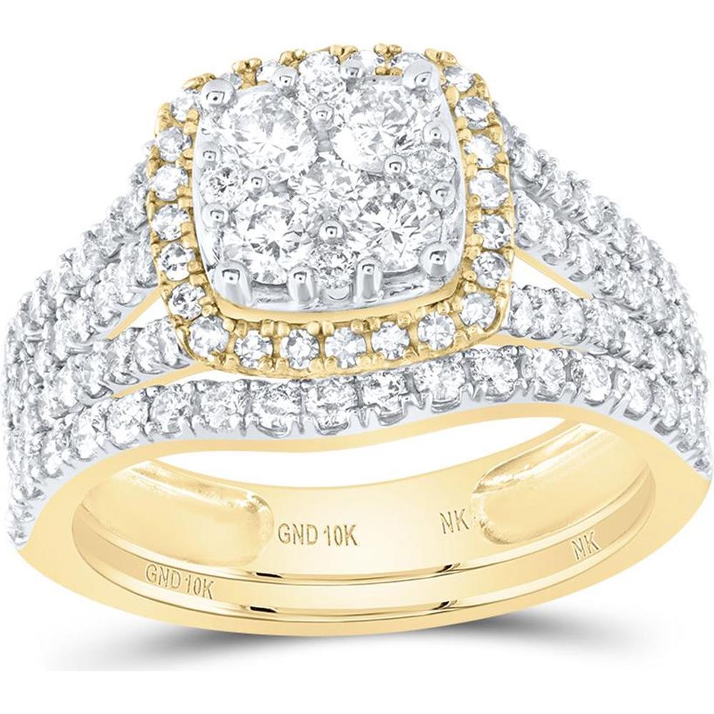 10K Yellow Gold Round Diamond Square Halo Bridal Wedding Ring Set - 1.62 Carat Total Diamond Weight