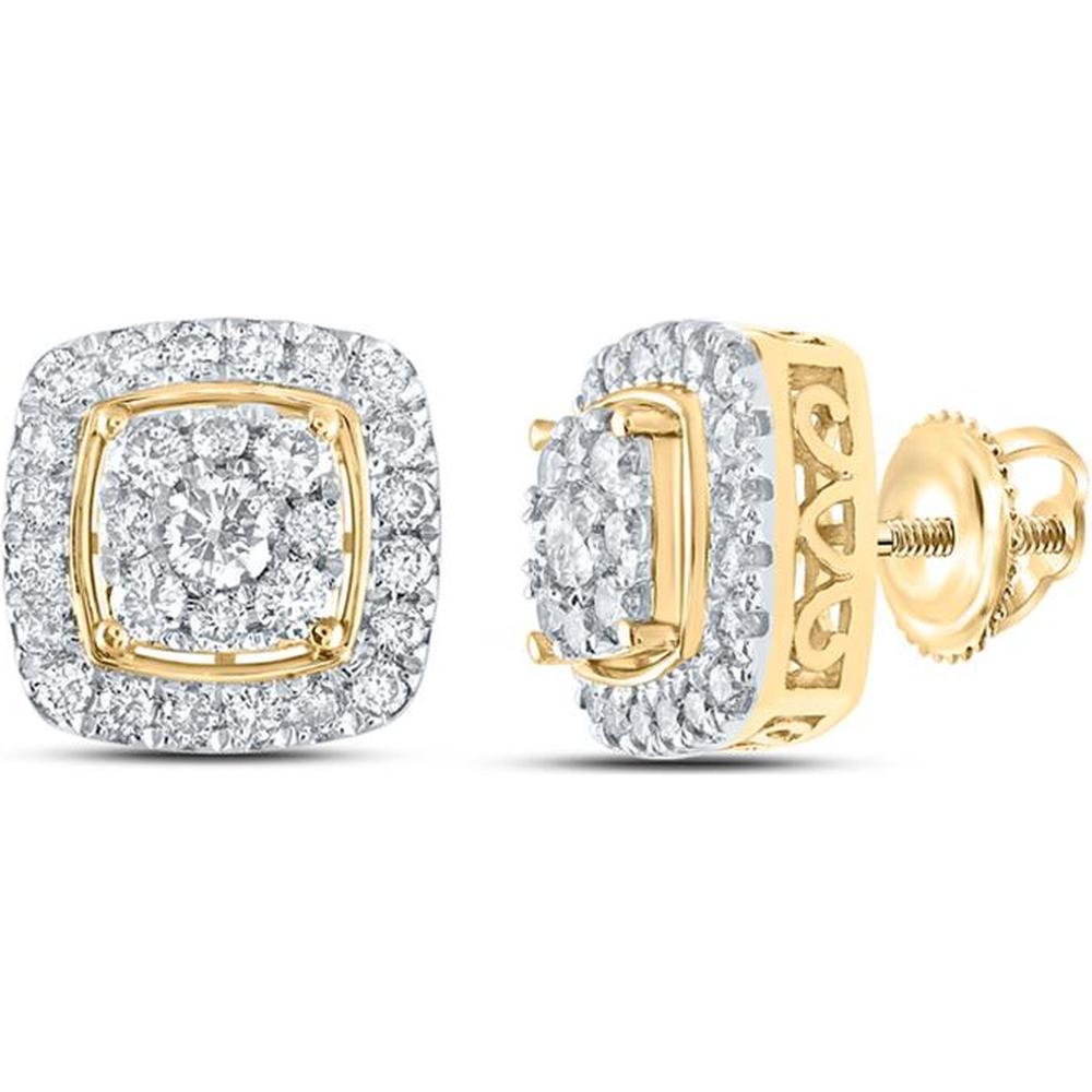 10K Yellow Gold Round Diamond Square Halo Earrings - 1 Carat Total Diamond Weight