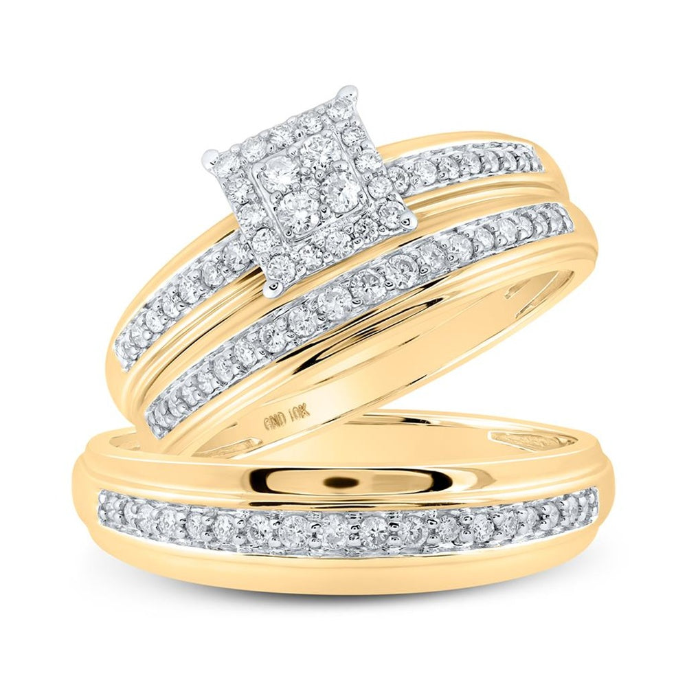 10K Yellow Gold Round Diamond Square Matching Wedding Ring Set - 1/2 Carat Total Diamond Weight