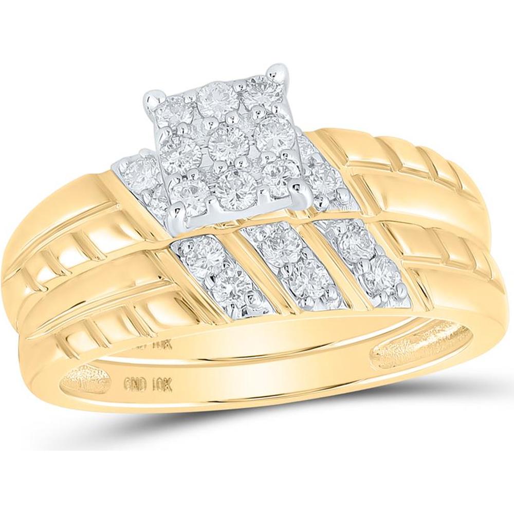 10K Yellow Gold Round Diamond Square Matching Wedding Ring Set - 1/2 Carat Total Diamond Weight