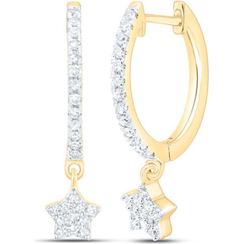 10K Yellow Gold Round Diamond Star Hoop Dangle Earrings - 1/5 Carat Total Diamond Weight