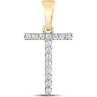 10K Yellow Gold Round Diamond 'T' Initial Letter Pendant - 1/8 Carat Total Diamond Weight