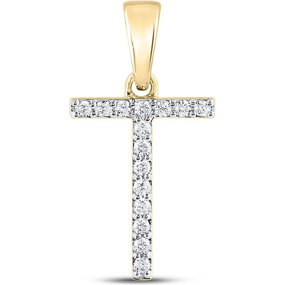 10K Yellow Gold Round Diamond 'T' Initial Letter Pendant - 1/8 Carat Total Diamond Weight