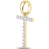 10K Yellow Gold Round Diamond 'T' Initial Letter Pendant - 1/8 Carat Total Diamond Weight
