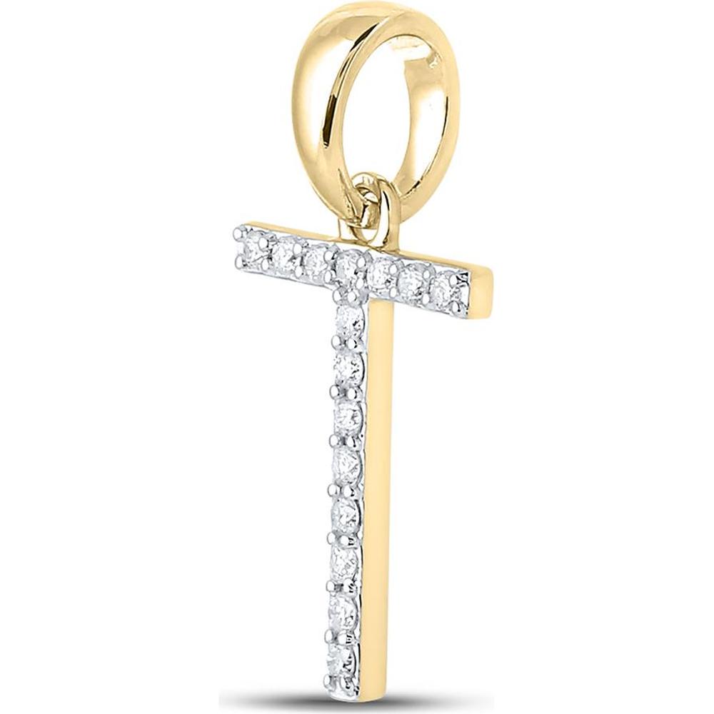10K Yellow Gold Round Diamond 'T' Initial Letter Pendant - 1/8 Carat Total Diamond Weight
