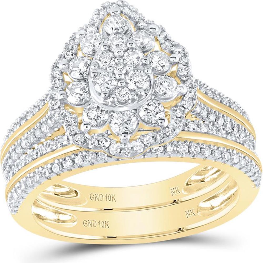 10K Yellow Gold Round Diamond Teardrop Bridal Wedding Ring Set - 1.1 Carat Total Diamond Weight