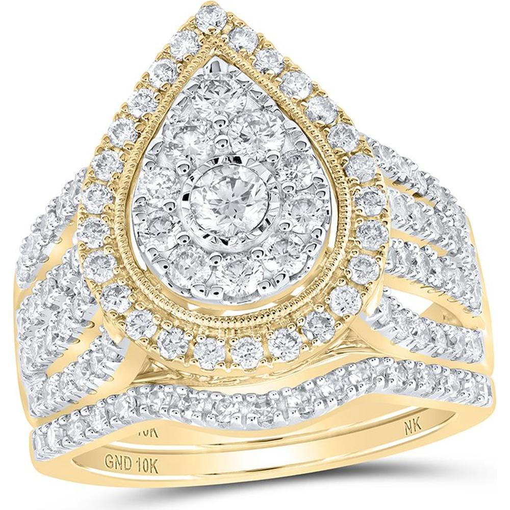 10K Yellow Gold Round Diamond Teardrop Bridal Wedding Ring Set - 1.5 Carat Total Diamond Weight