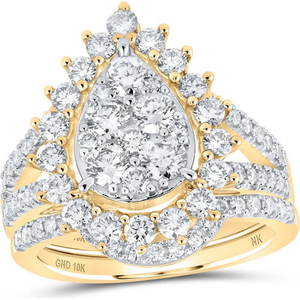 10K Yellow Gold Round Diamond Teardrop Bridal Wedding Ring Set - 2.0 Carat Total Diamond Weight