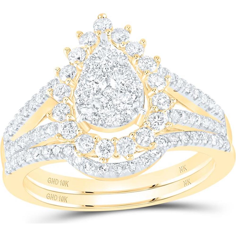 10K Yellow Gold Round Diamond Teardrop Bridal Wedding Ring Set with 1.06 Carat Total Carat Weight