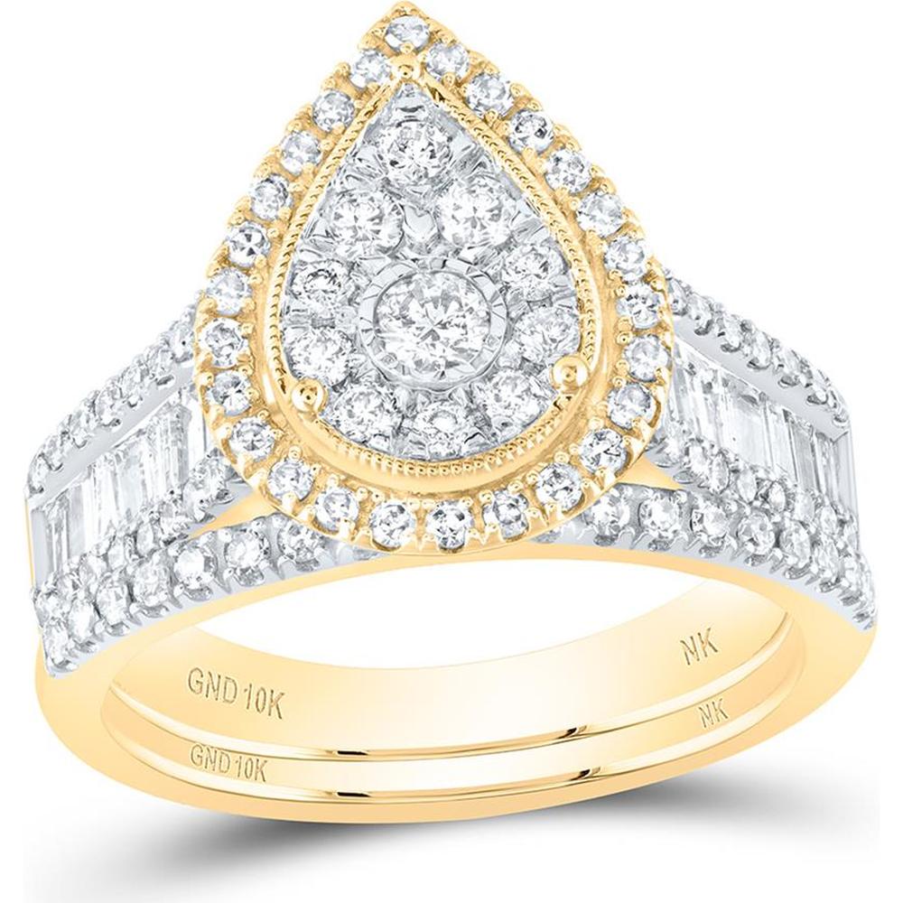 10K Yellow Gold Round Diamond Teardrop Bridal Wedding Ring Set with Baguette and Round Diamonds - 1.5 Carat Total Diamond Weight
