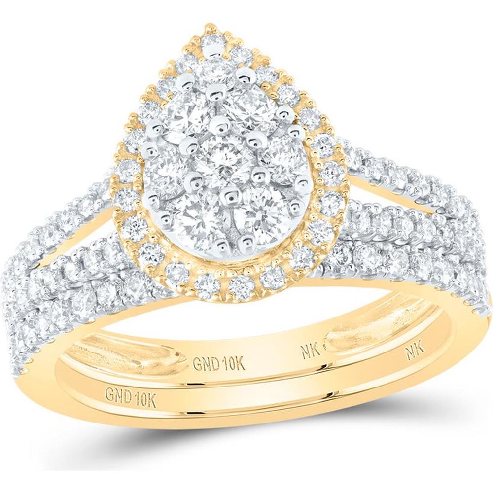 10K Yellow Gold Round Diamond Teardrop Bridal Wedding Ring Set with Halo - 1.06 Carat Total Diamond Weight