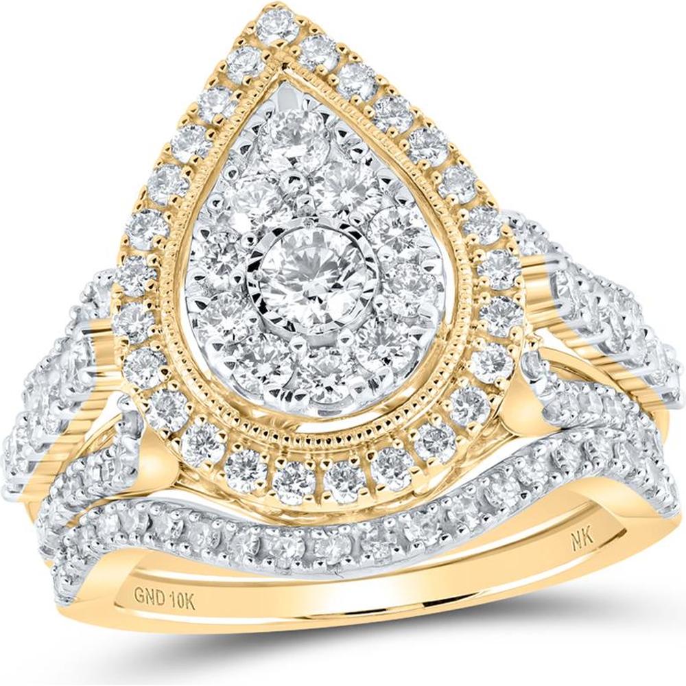 10K Yellow Gold Round Diamond Teardrop Bridal Wedding Ring Set with Halo - 1.46 Carat Total Diamond Weight