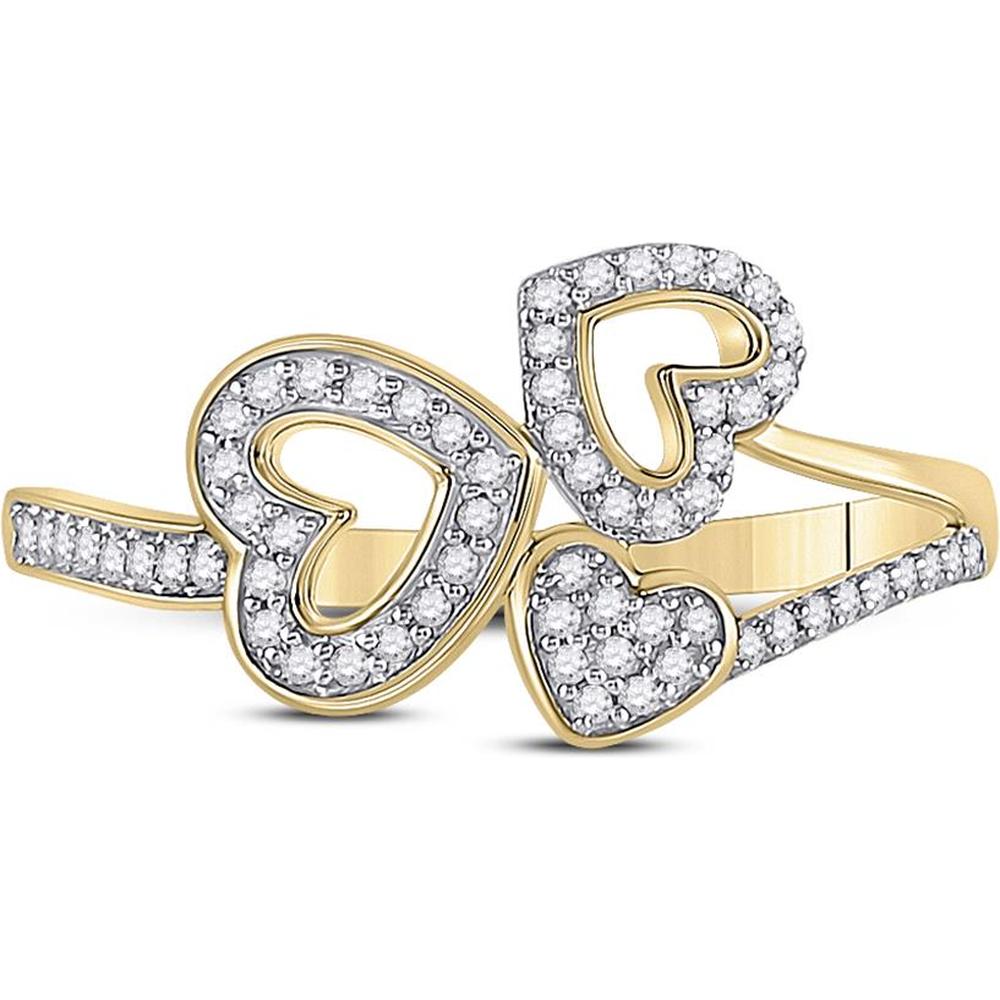 10K Yellow Gold Round Diamond Triple Heart Ring - 1/6 Carat Total Diamond Weight