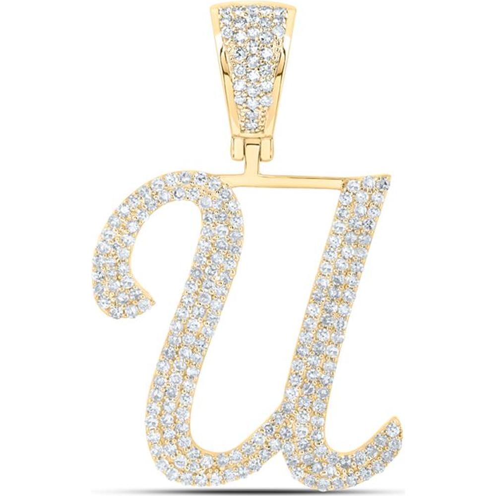 10K Yellow Gold Round Diamond "U" Initial Letter Charm Pendant - 1 Carat Total Diamond Weight