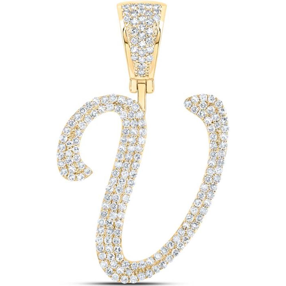 10K Yellow Gold Round Diamond V Initial Letter Charm Pendant - 7/8 Carat Total Diamond Weight