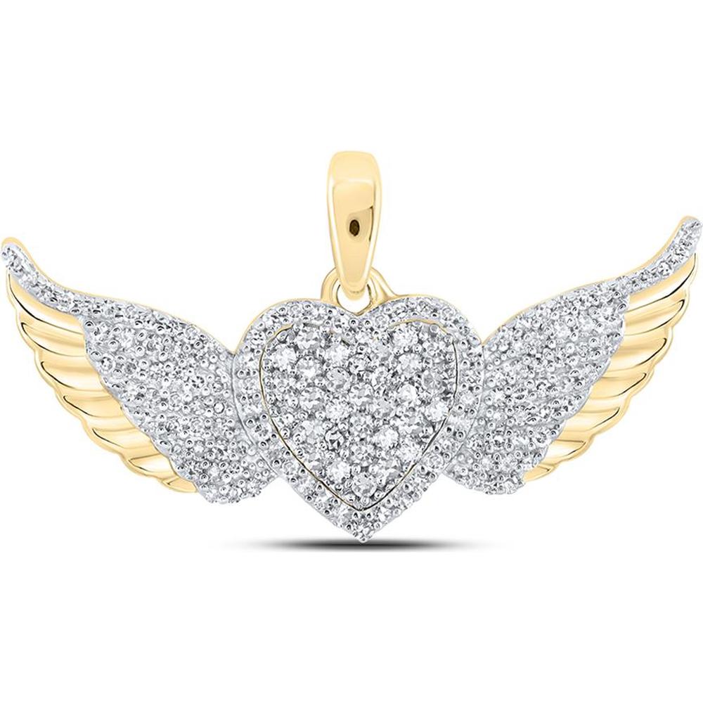 10K Yellow Gold Round Diamond Wing Heart Pendant - 3/8 Carat Total Diamond Weight