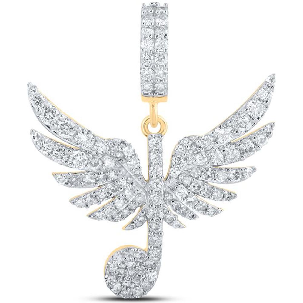 10K Yellow Gold Round Diamond Wing Music Note Treble Charm Pendant - 1.01 Carat Total Diamond Weight