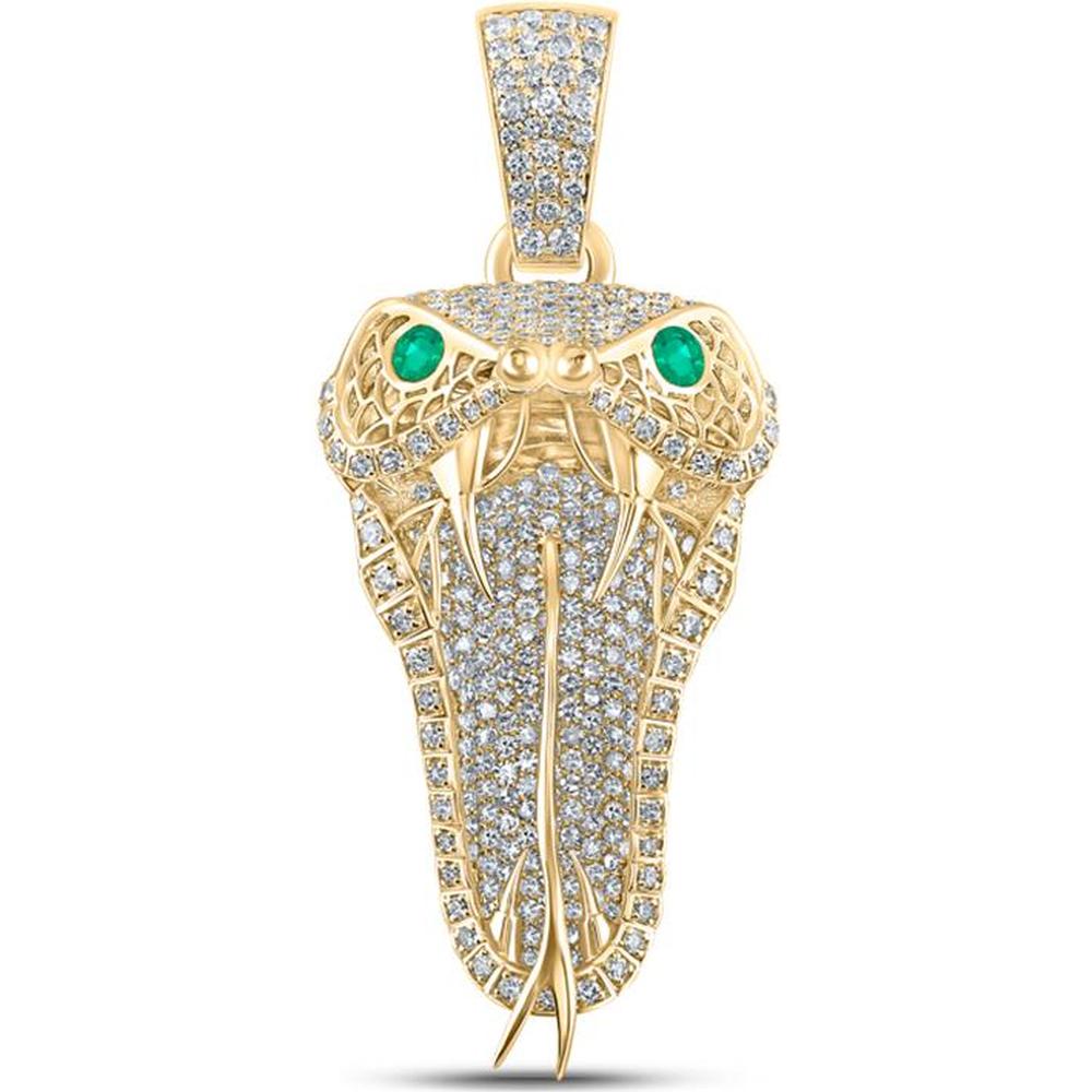 10K Yellow Gold Round Emerald and Diamond Snake Charm Pendant - 2.85 Carat Total Gemstone Weight