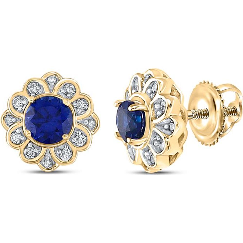 10K Yellow Gold Round Lab Grown Blue Sapphire Cluster Earrings with Diamonds - 3/4 Carat Total Weight