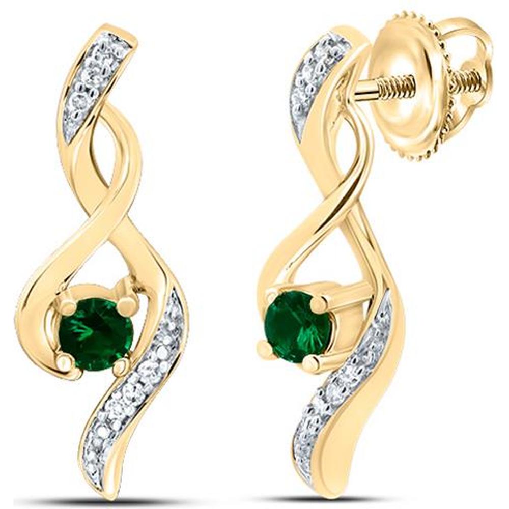 10K Yellow Gold Round Lab Grown Emerald and Diamond Solitaire Stud Earrings - 1/3 Carat Total Weight