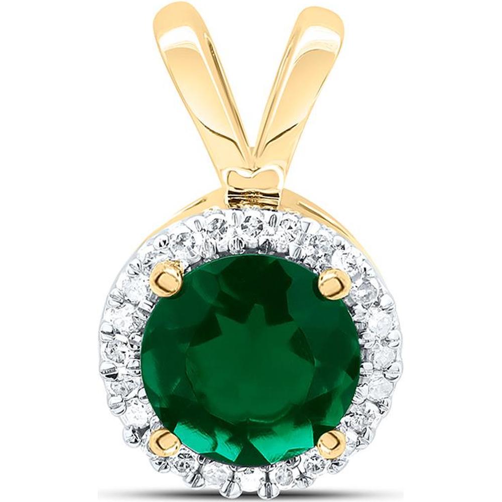 10K Yellow Gold Round Lab Grown Emerald Pendant with Pave-Set Diamond Halo - 0.85 Carat Total Gem Weight