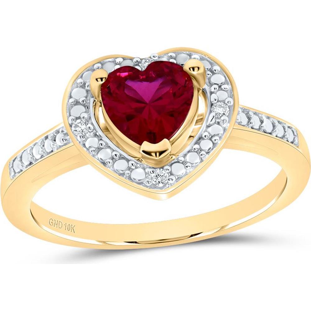 10K Yellow Gold Round Lab Grown Ruby Heart Ring with Pave-Set Diamonds - 1 Carat Total Gem Weight