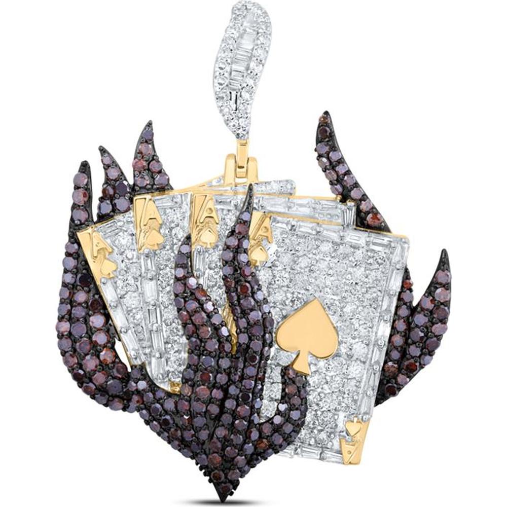 10K Yellow Gold Round Red Diamond Ace Spades Flame Charm Pendant - 3-1/3 Carat Total Diamond Weight