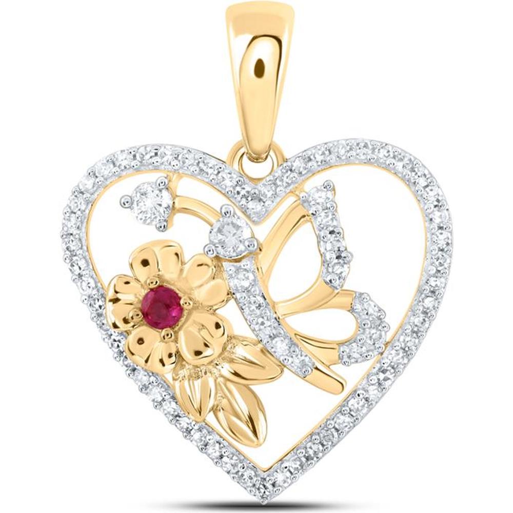 10K Yellow Gold Round Ruby and Diamond Butterfly Heart Pendant - 0.21 Carat Total Gem Weight