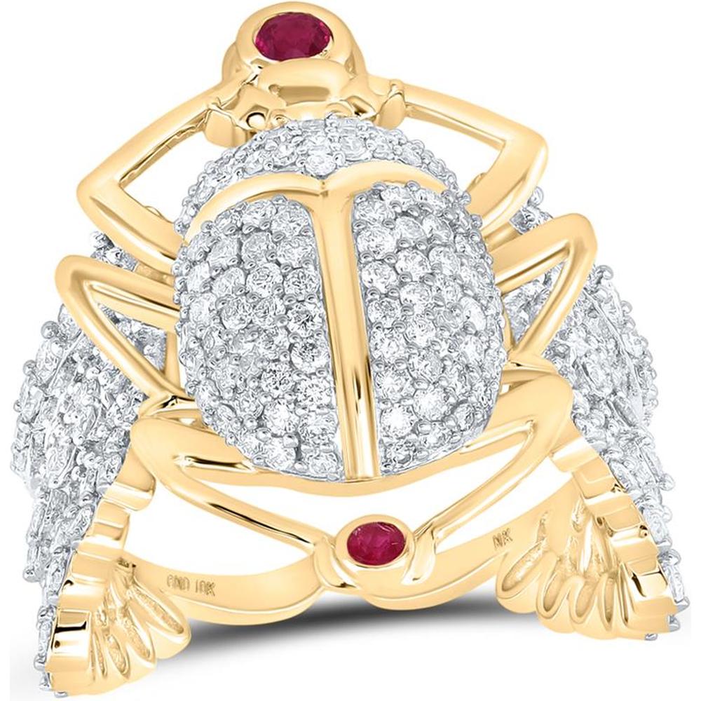 10K Yellow Gold Round Ruby and Diamond Scarab Band Ring - 2.38 Carat Total Gemstone Weight