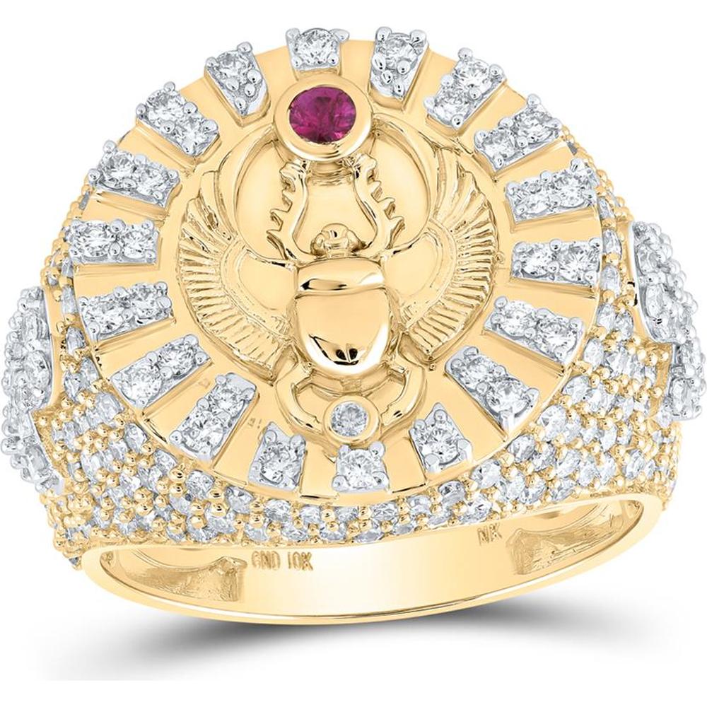 10K Yellow Gold Round Ruby and Diamond Scarab Circle Ring - 2.58 Carat Total Gemstone Weight