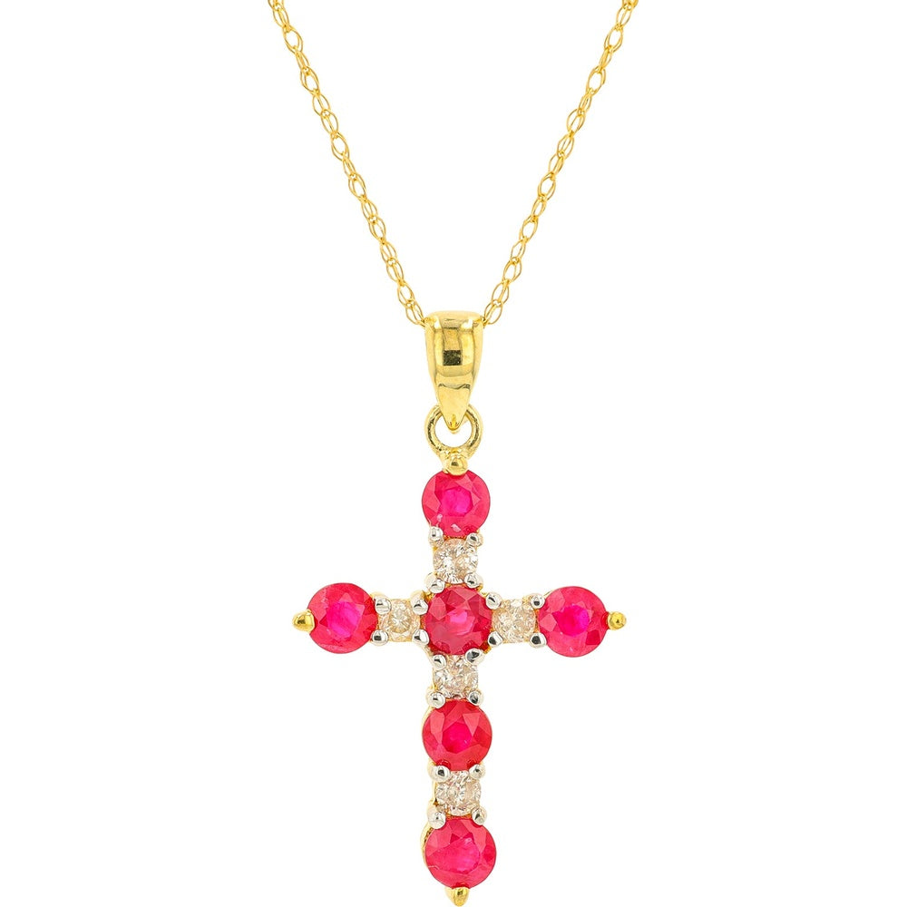 10K Yellow Gold Ruby and Diamond Cross Pendant with Round-Cut Rubies - 0.85 Carat Total Ruby Weight and 0.15 Carat Total Diamond Weight