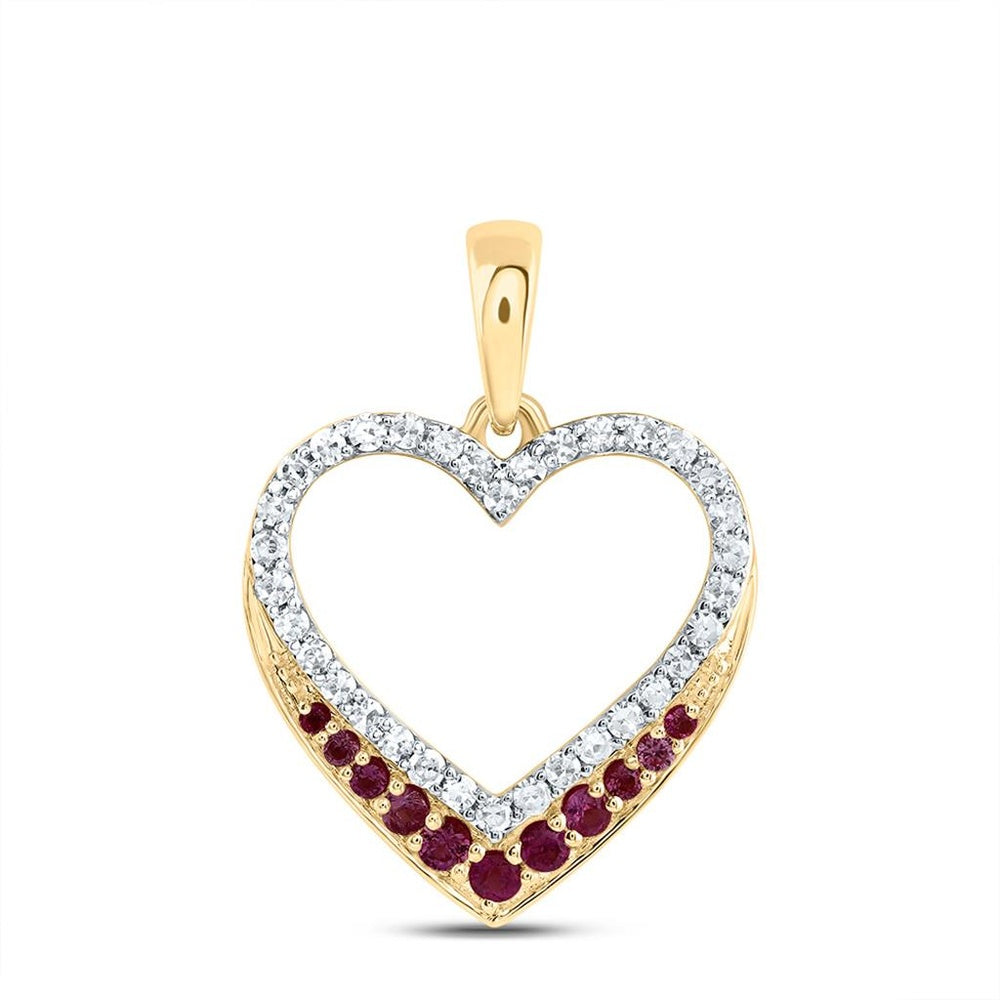 10K Yellow Gold Ruby and Diamond Heart Pendant - 1/4 Carat Total Gemstone Weight