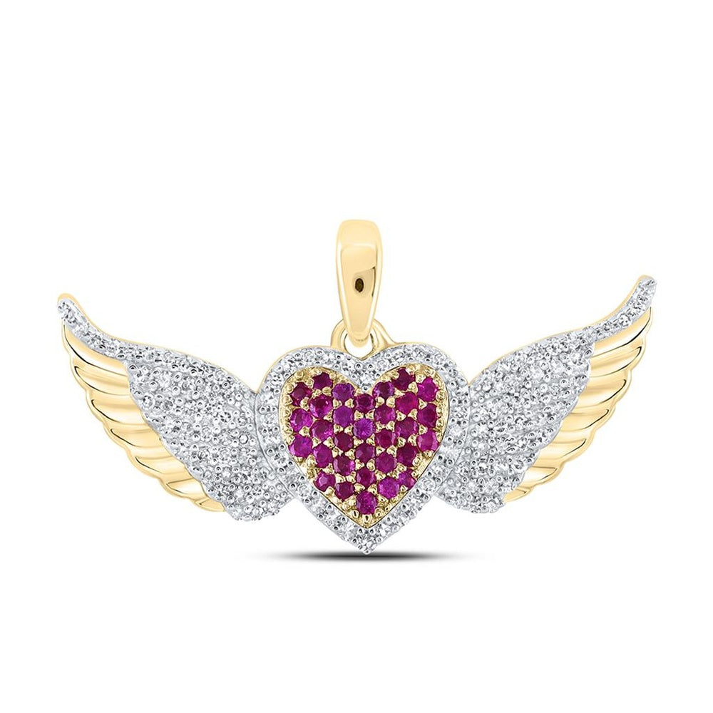10K Yellow Gold Ruby and Diamond Heart Pendant - 3/8 Carat Total Gemstone Weight