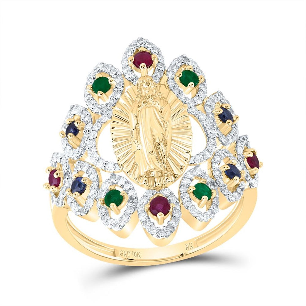 10K Yellow Gold Ruby and Diamond Virgin Mary Ring - 7/8 Carat Total Gemstone Weight
