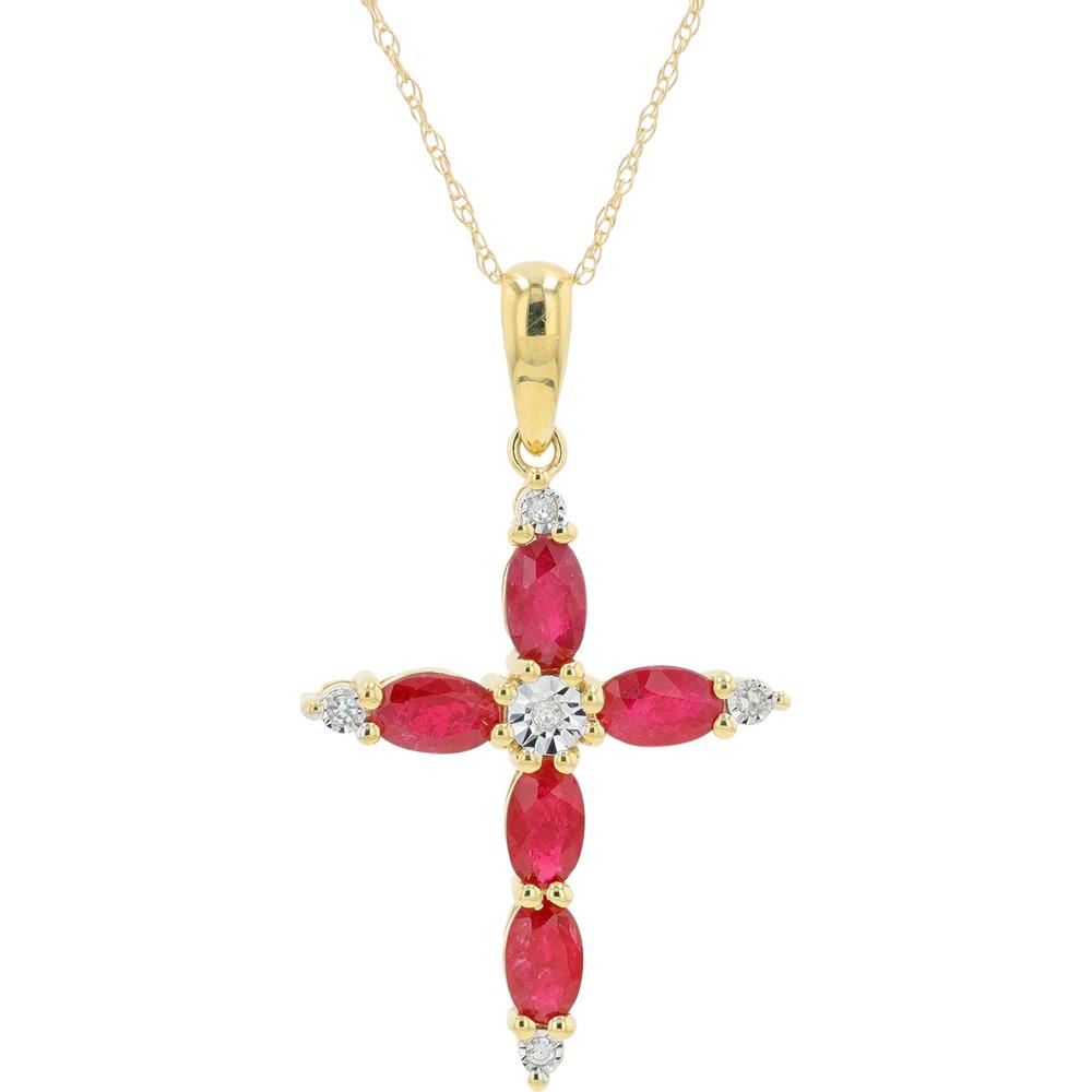 10K Yellow Gold Ruby Cross Pendant with Diamond Accents - 0.03 Carat Total Diamond Weight