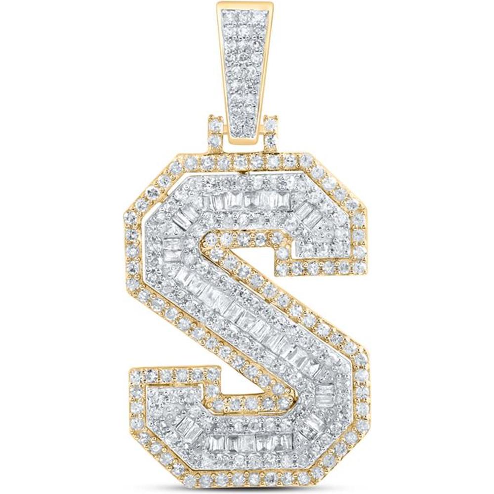 10K Yellow Gold "S" Diamond Initial Charm Pendant with Round and Baguette Diamonds - 3/4 Carat Total Diamond Weight